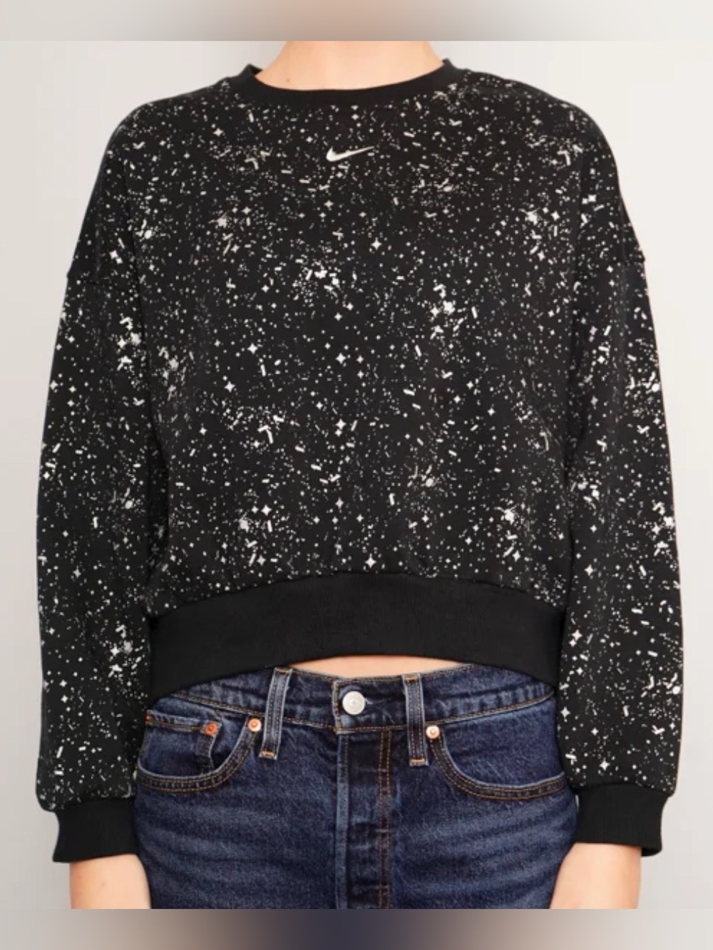 Nike • Women’s M • Black Metallic Silver Splatter • Cropped Crewneck Sweatshirt